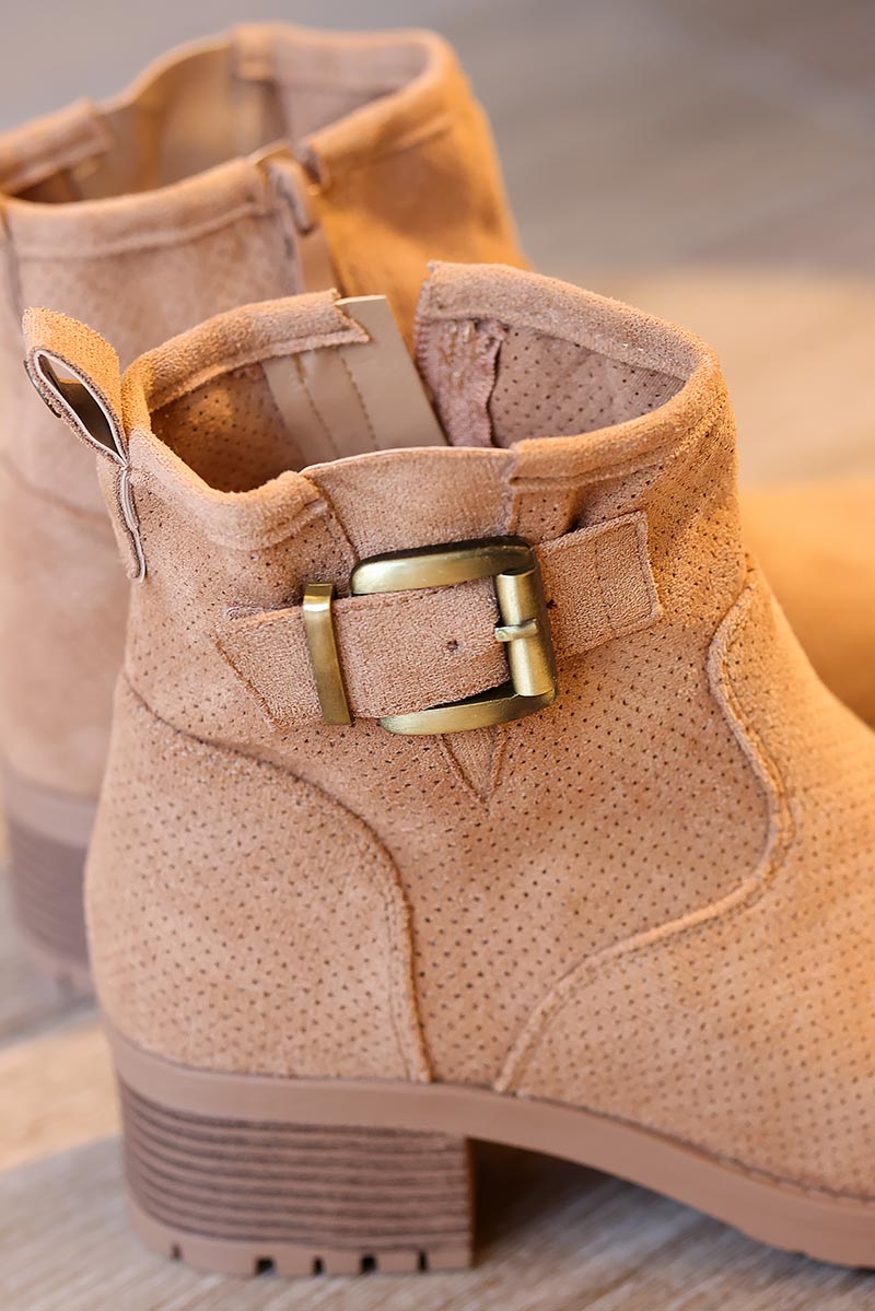 Chunky mid heel suedette chelsea boots in camel with buckle