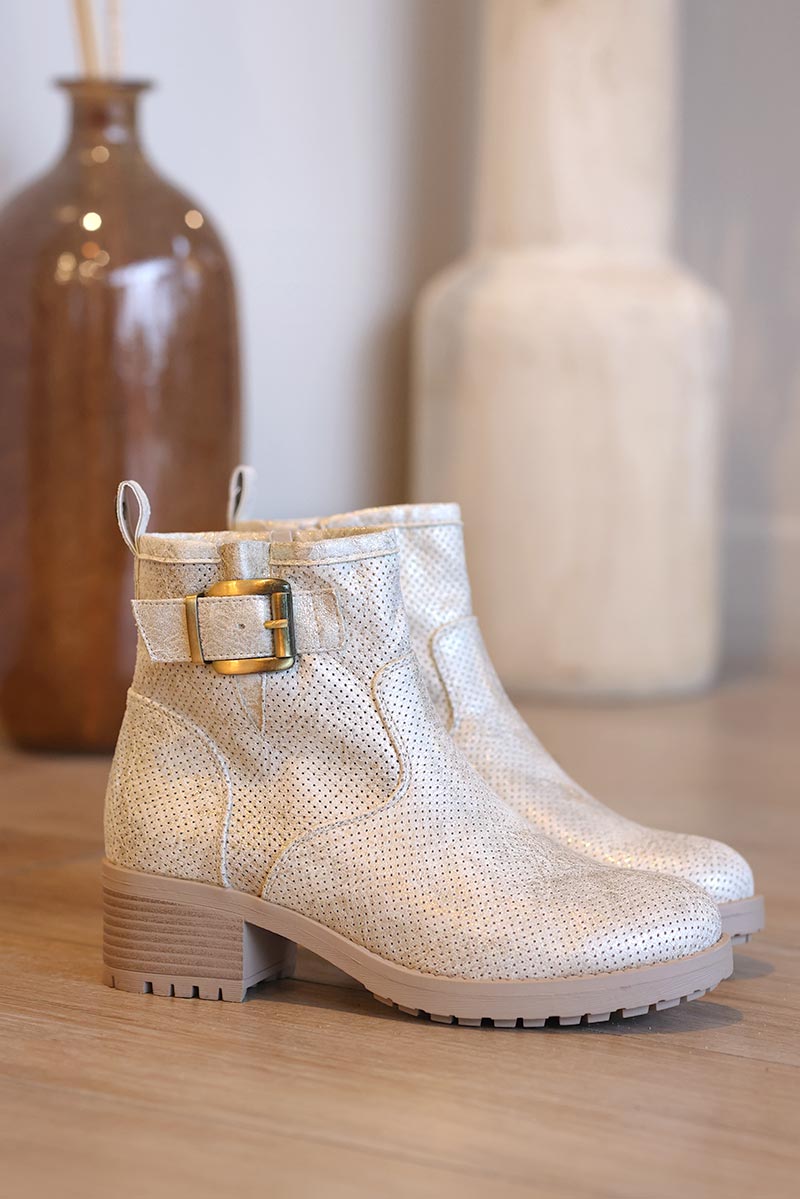 Chunky mid heel suedette chelsea boots in gold with buckle