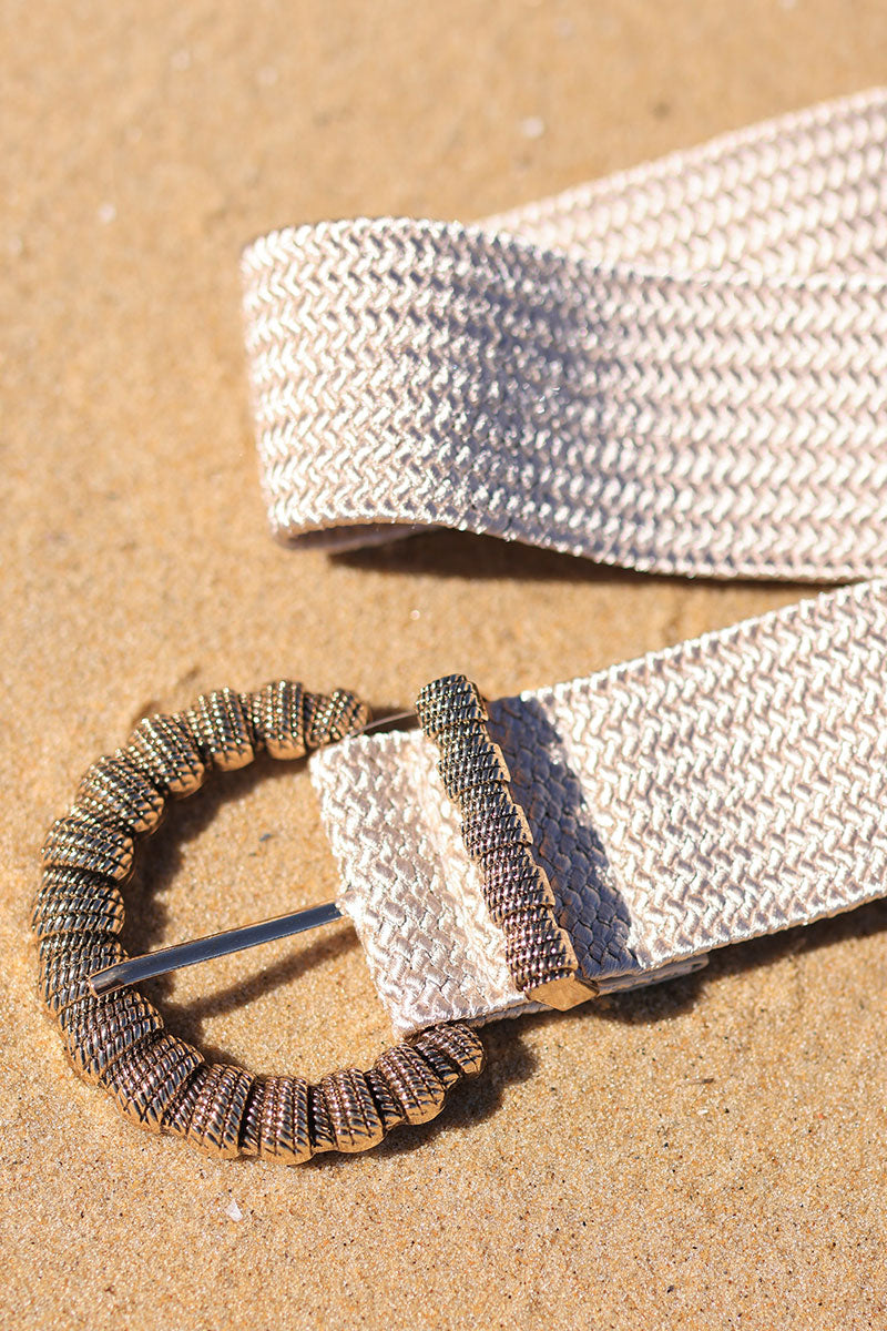 Beige metallic elasticated rope belt with gold relief buckle