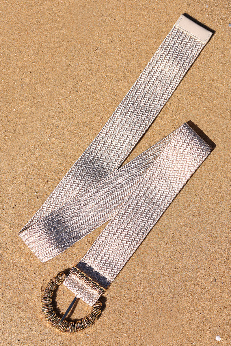 Beige metallic elasticated rope belt with gold relief buckle