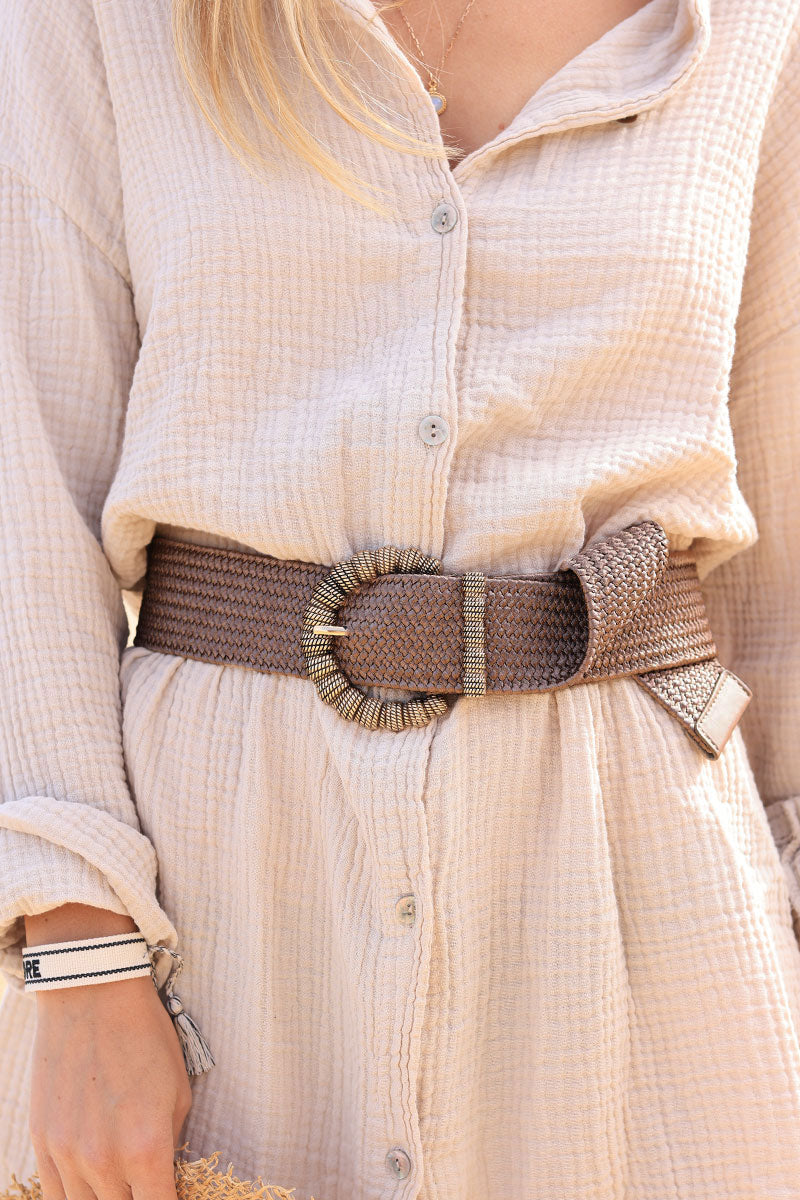 Taupe metallic elasticated rope belt with gold relief buckle