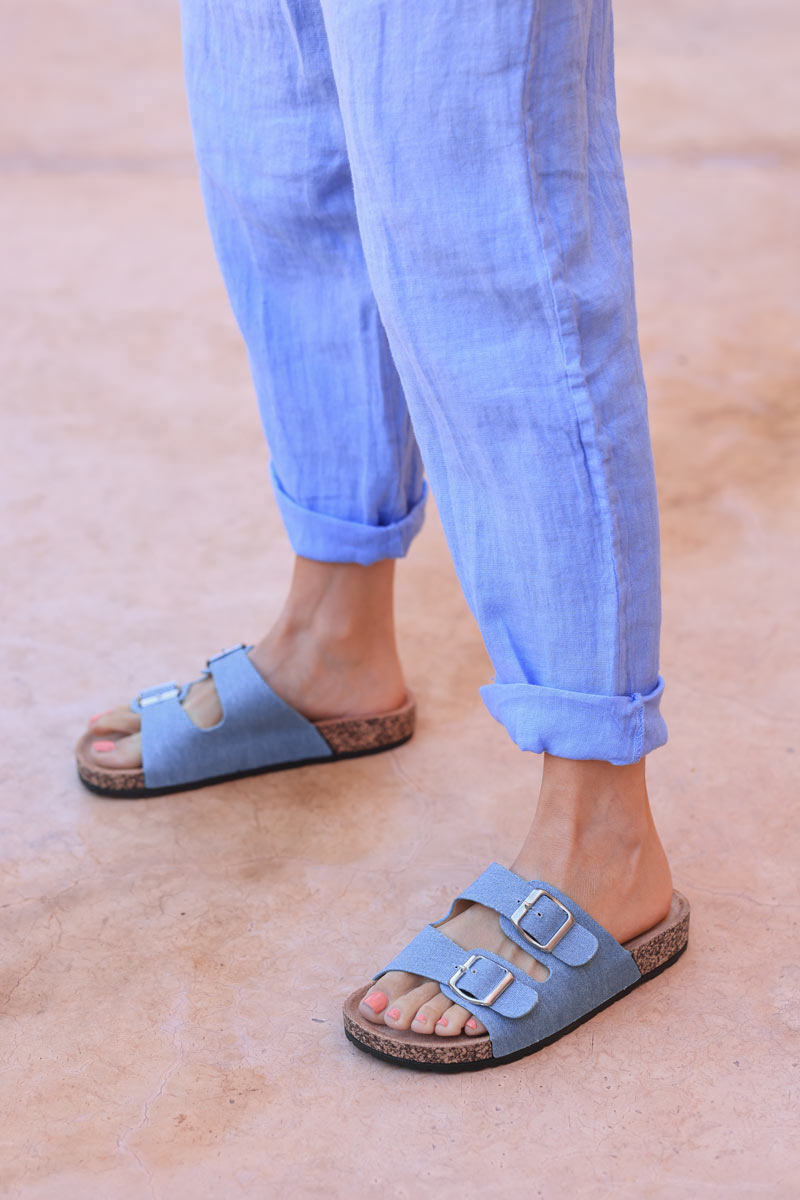 Dusty blue mule sandals with double suedette straps and square buckles