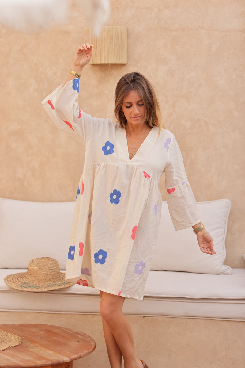 Ecru cotton dress flute sleeve with colourful flower embroidery