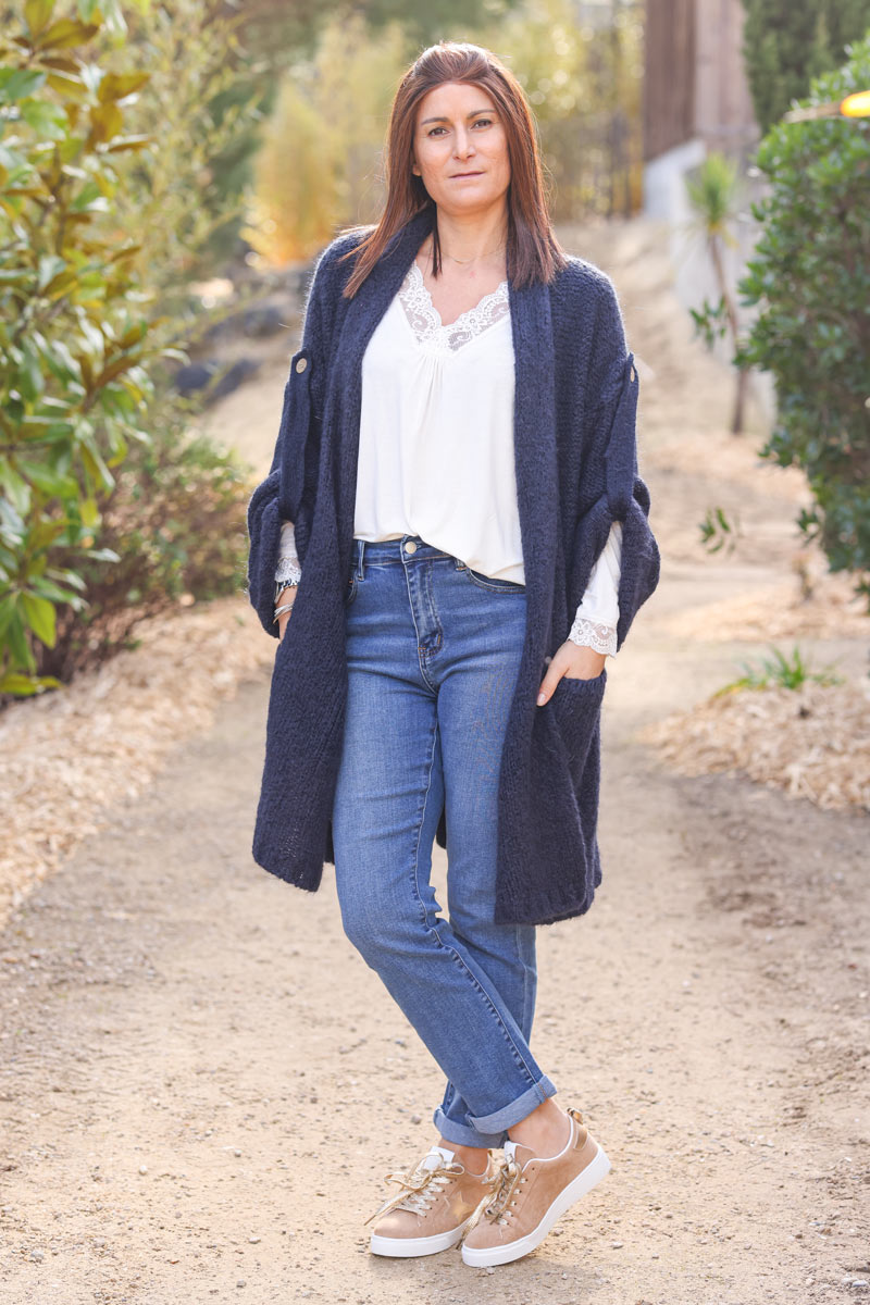 Navy blue chunky knit cardigan with turn up sleeves and wooden buttons
