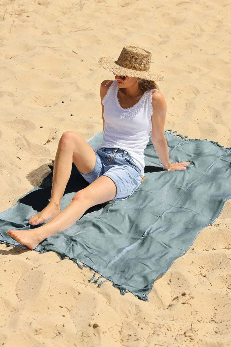 Paréo de plage uni, grande taille, couleur gris vert