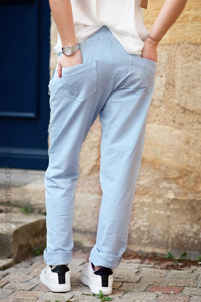 jogging coloré bleu ciel ceinture élastique poches zippées pantalon femme B053