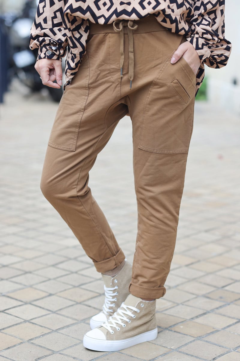 jogging coloré couleur café style urbain pantalon confort stretch grandes poches pour femme BAS 004
