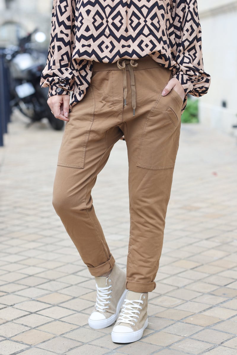jogging coloré couleur café style urbain pantalon confort stretch grandes poches pour femme BAS 004