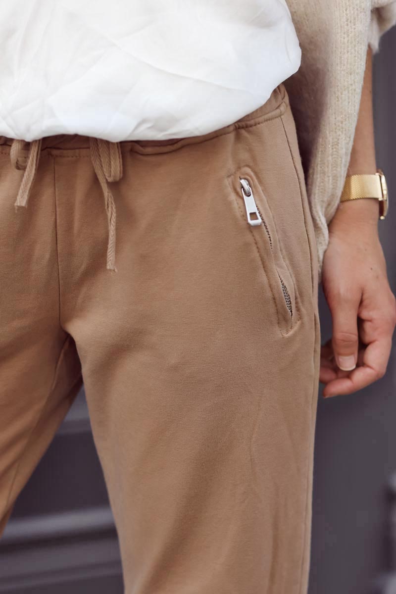 jogging couleur café marron ceinture élastique poches zippées pantalon femme B053