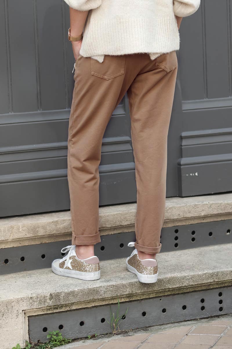 jogging couleur café marron ceinture élastique poches zippées pantalon femme B053