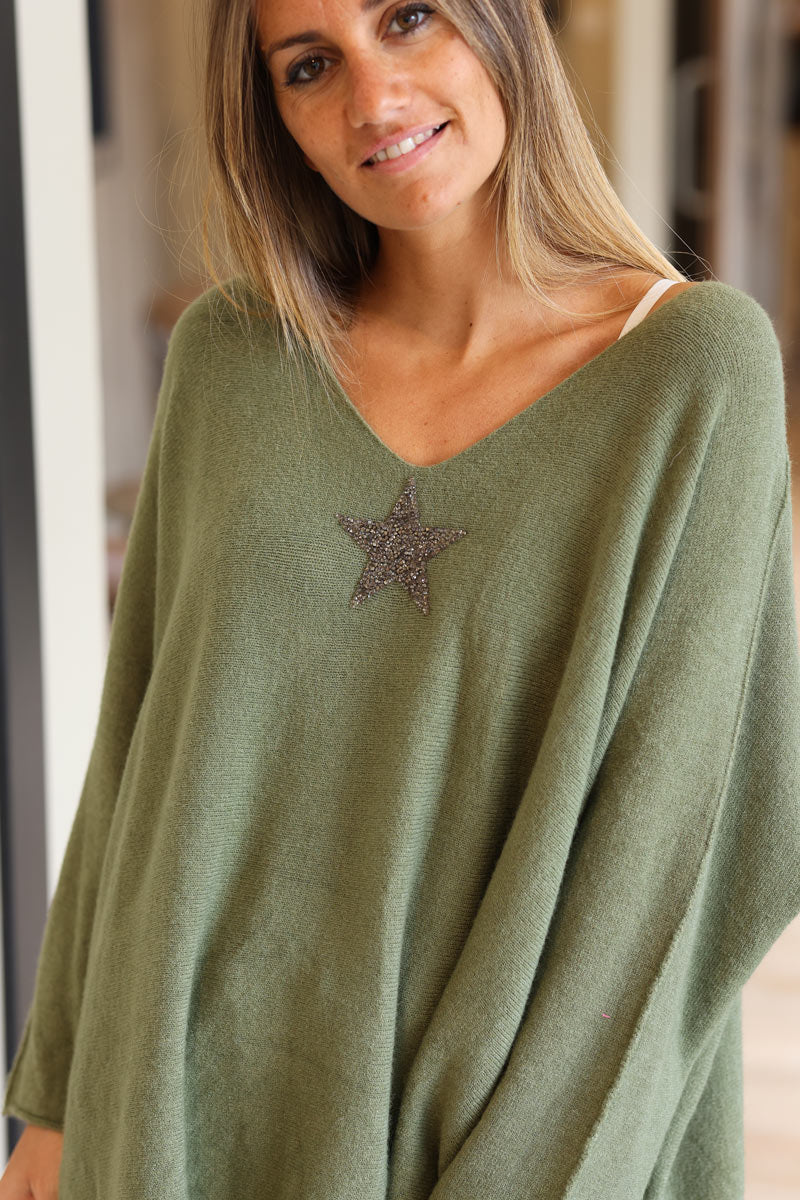 Khaki green oversized super soft jumper with silver rhinestone star