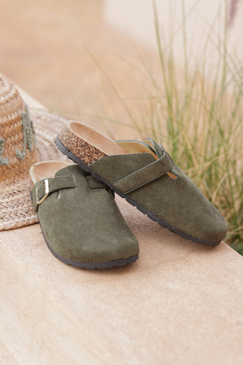 Khaki suedette slip on mules with buckle