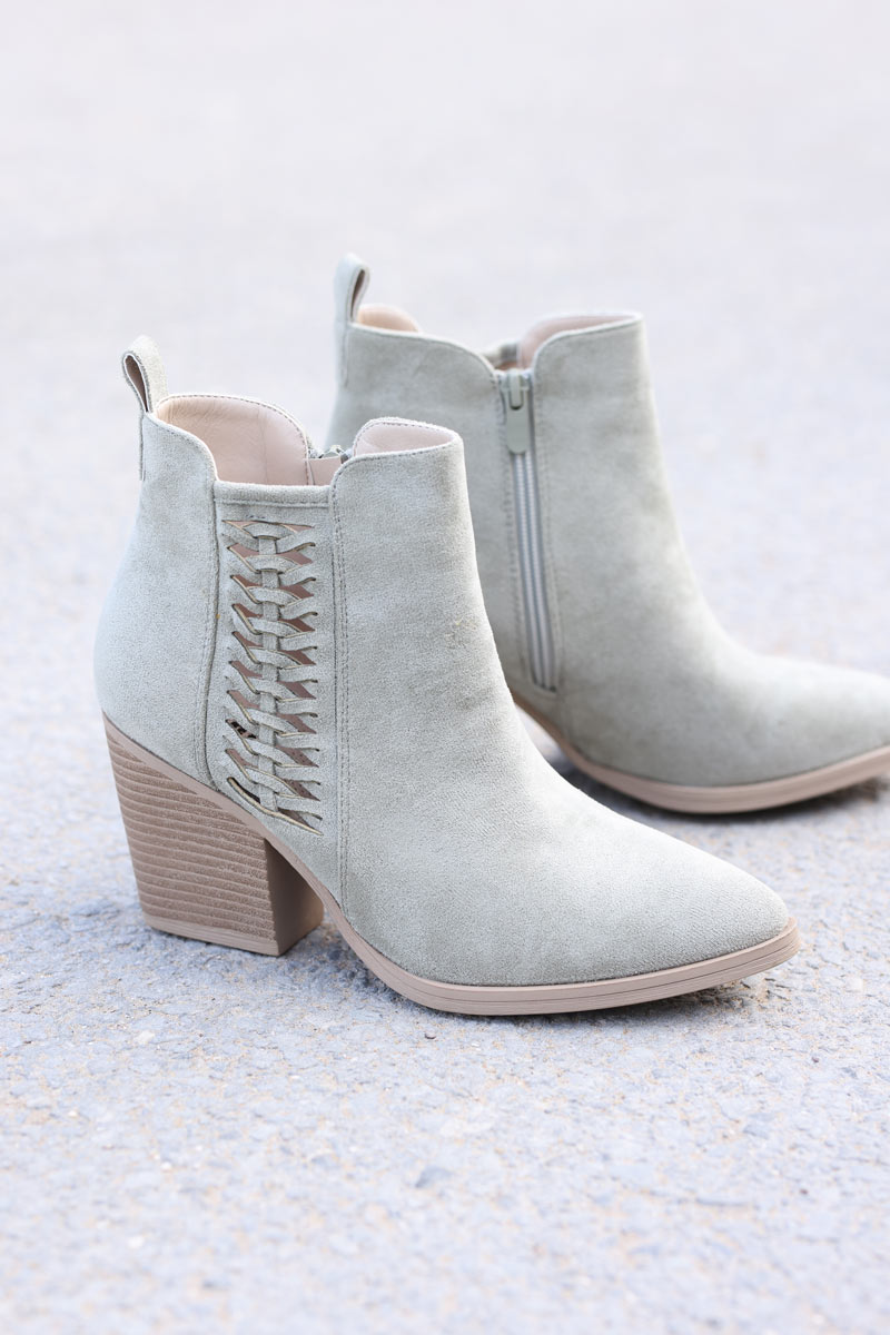 Light khaki cowboy ankle boots with woven detail