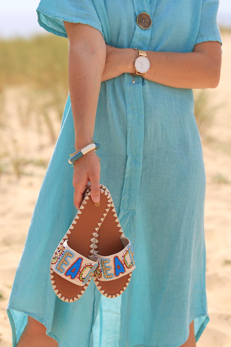 Beige sandals with colorful pearl 'BEACH' embroidery