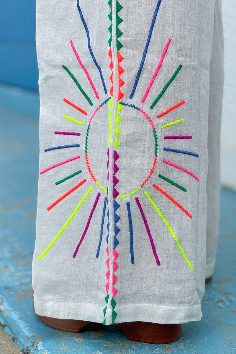 White Neon Embroidered Suns Pull-On Pants