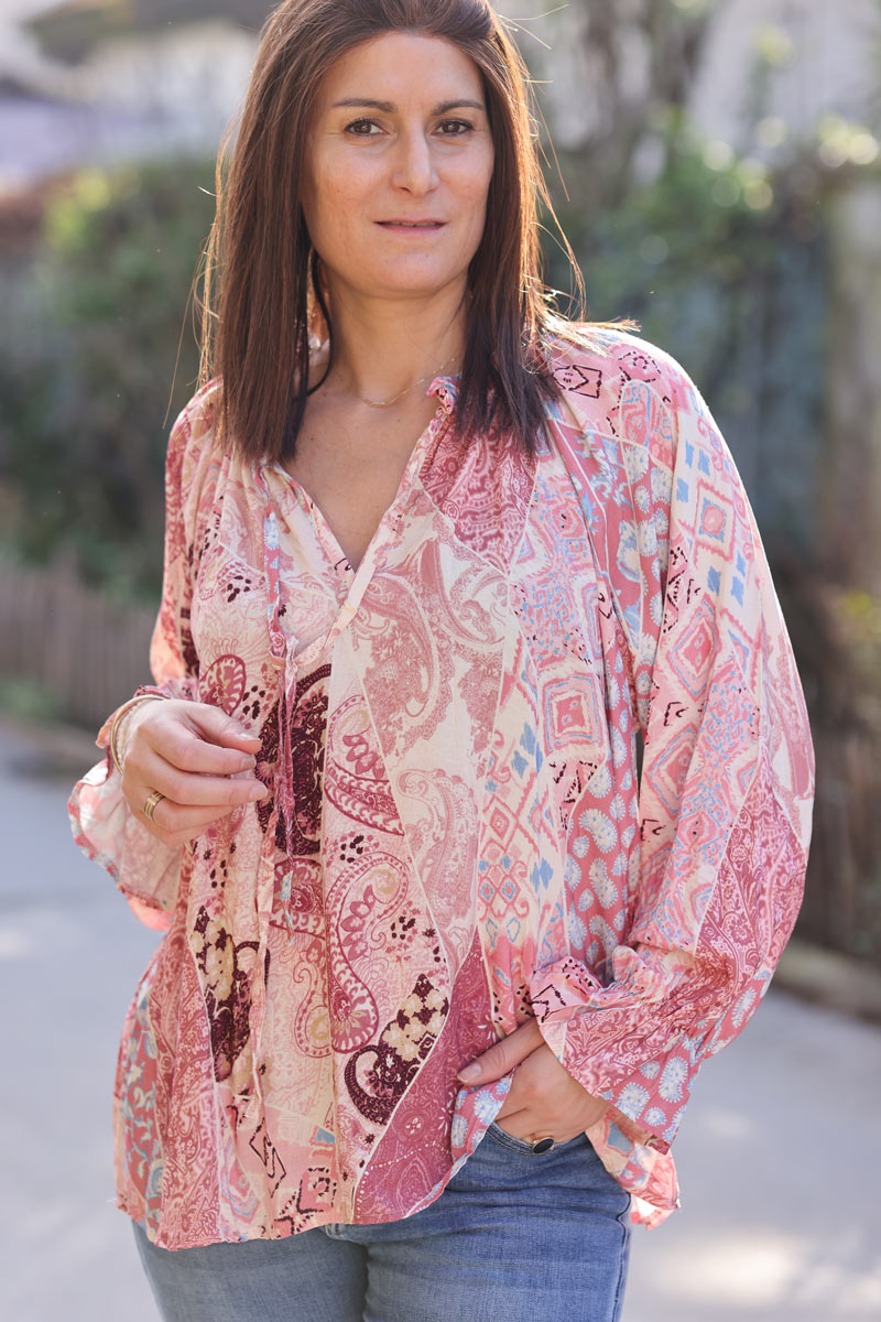 Pink paisley print blouse with elasticated frill collar