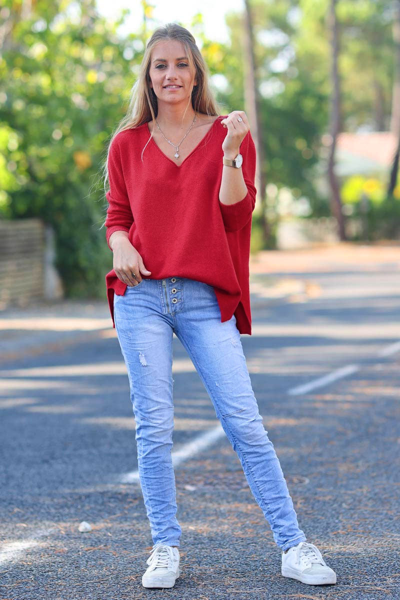 Pull basique tout doux rouge col V