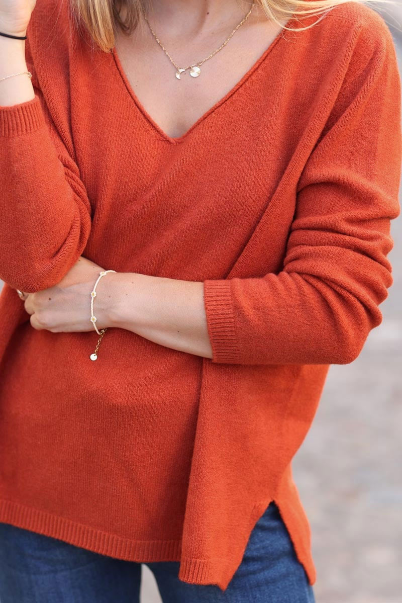 Pull tout doux basique terracotta col v