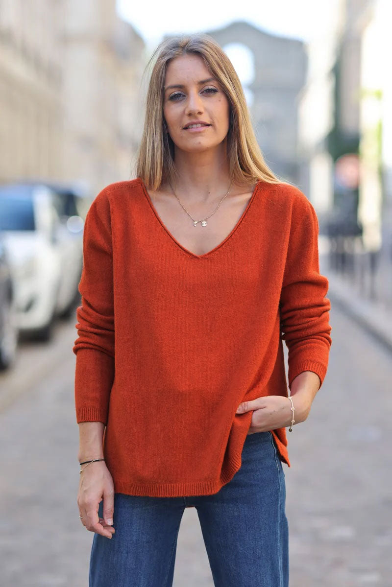 Pull tout doux basique terracotta col v