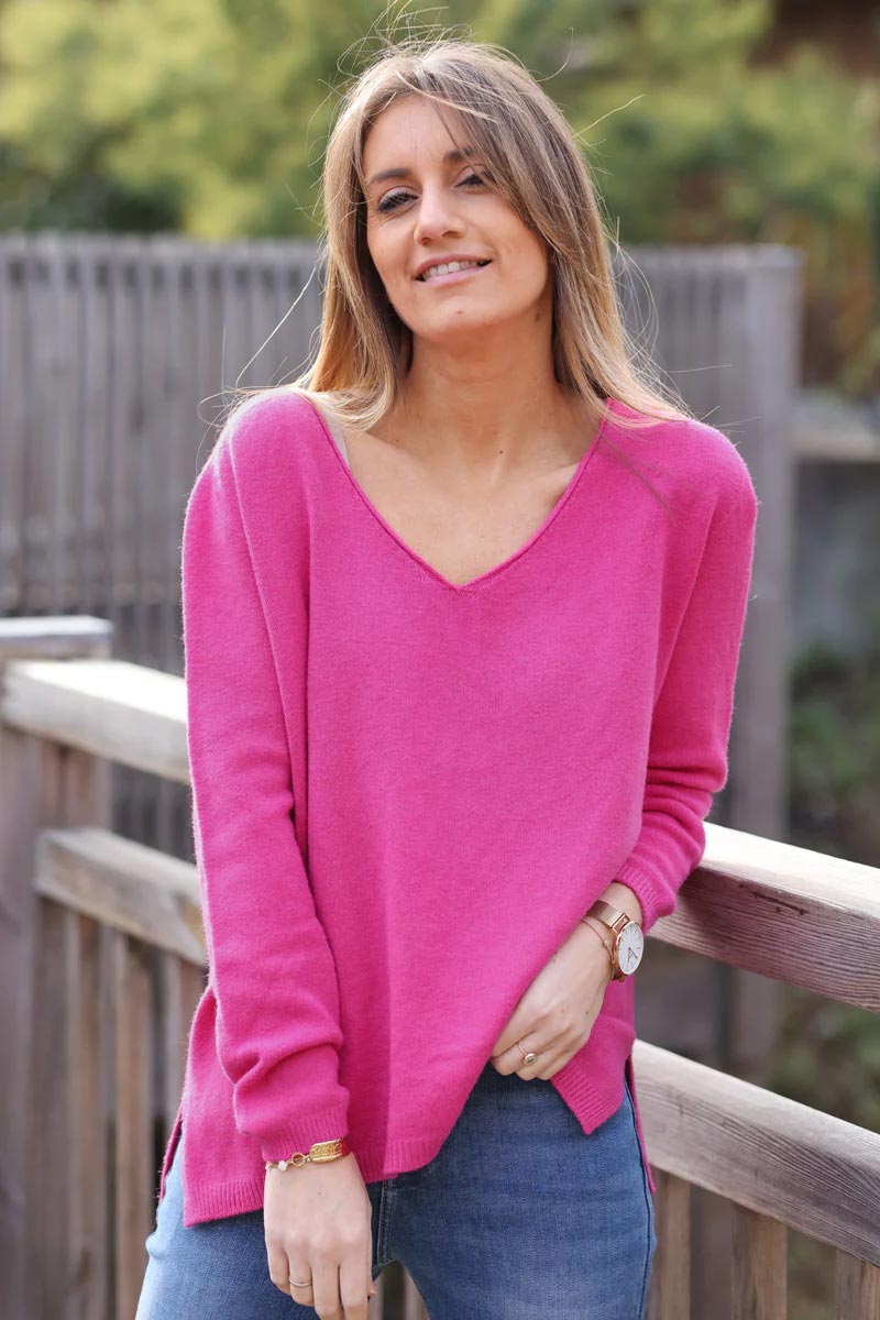 Pull tout doux basique fuchsia clair col v