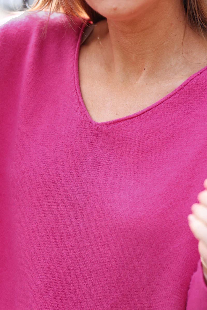 Pull tout doux basique fuchsia clair col v