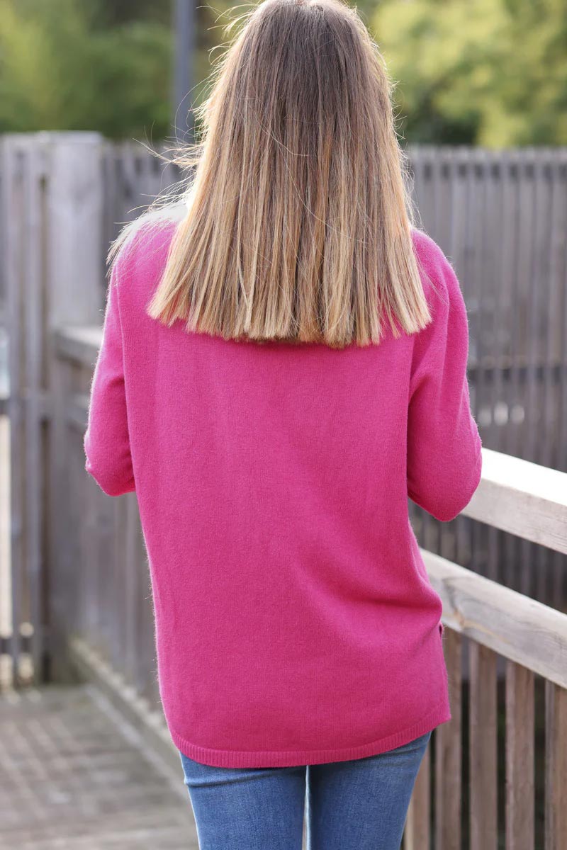 Pull tout doux basique fuchsia clair col v
