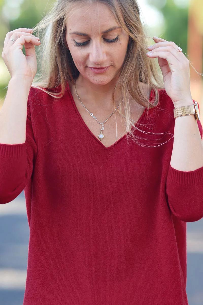 Pull basique tout doux rouge foncé col V