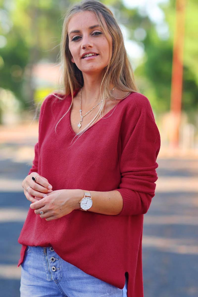 Pull basique tout doux rouge foncé col V