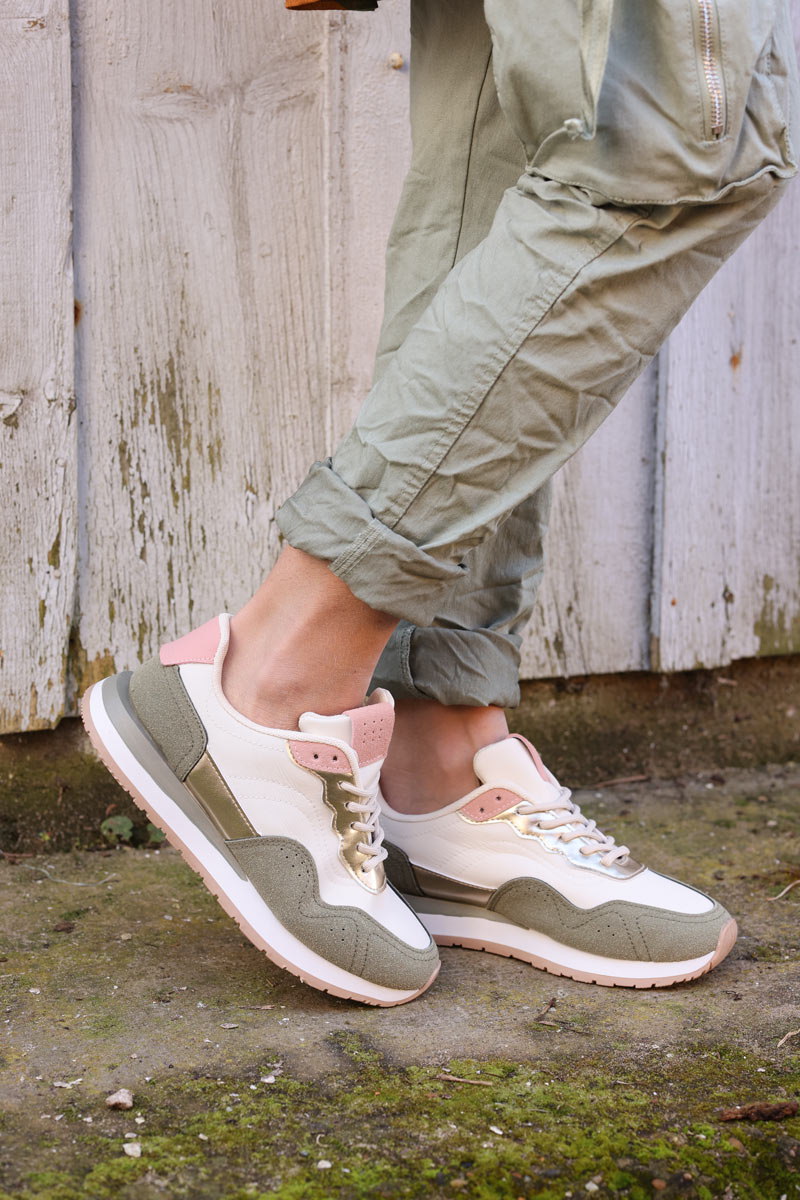 Running style sneakers in ecru, pink and khaki