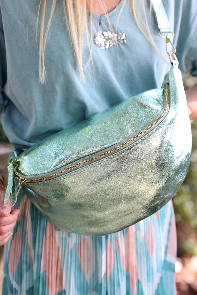sac banane vert eau bandoulière en cuir brillant pochettes pratiques pour femme tendance H040