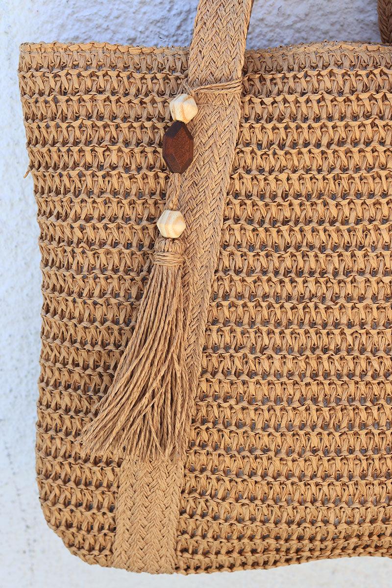 Camel raffia shopper bag with woven handles