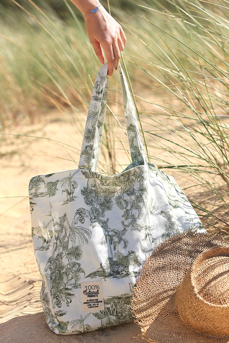 Cotton tote bag with khaki toile de jouy print