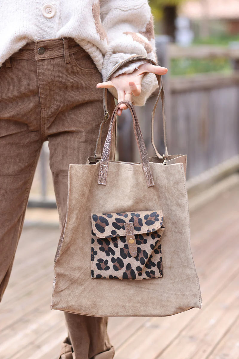 Taupe suede leather tote bag with leopard print pocket