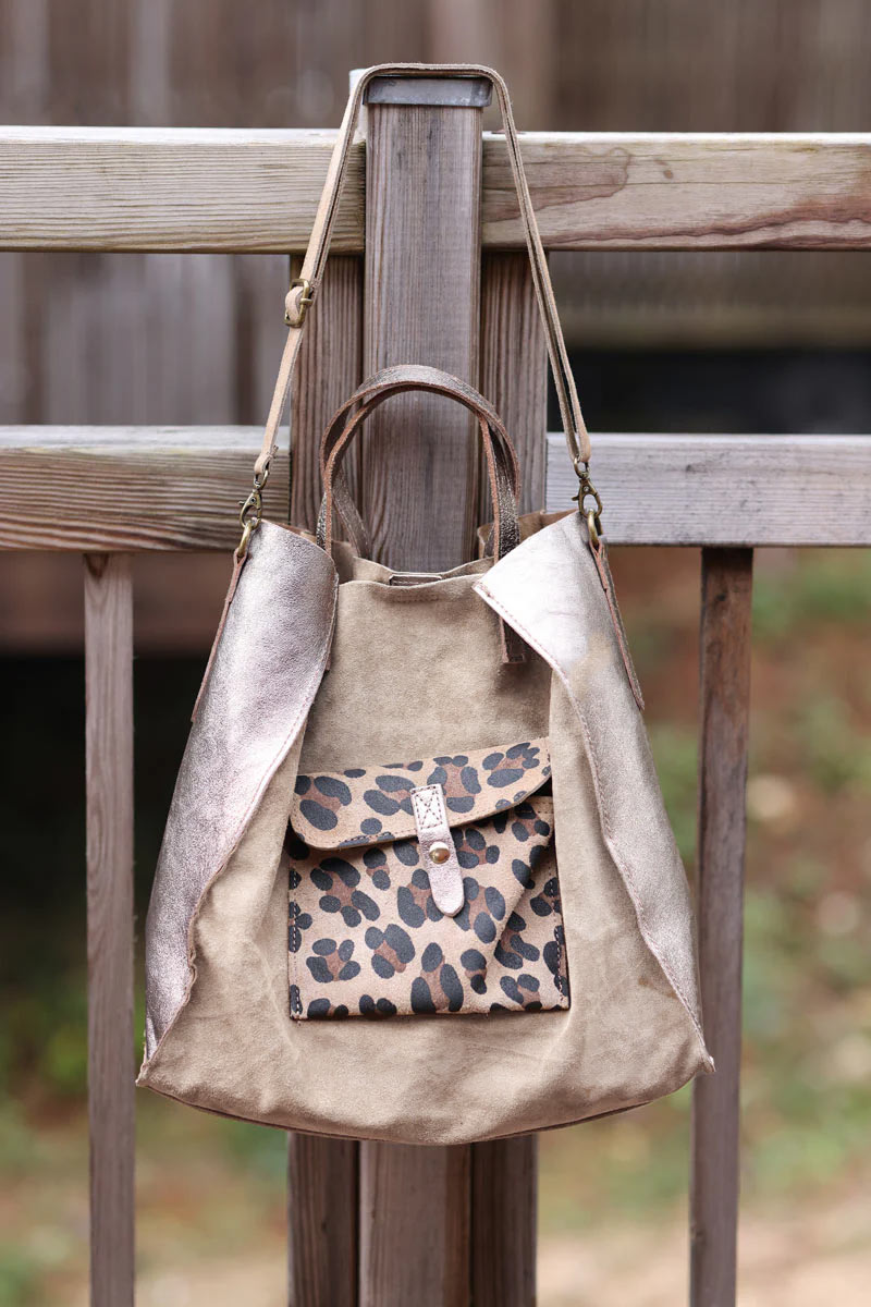 Taupe suede leather tote bag with leopard print pocket