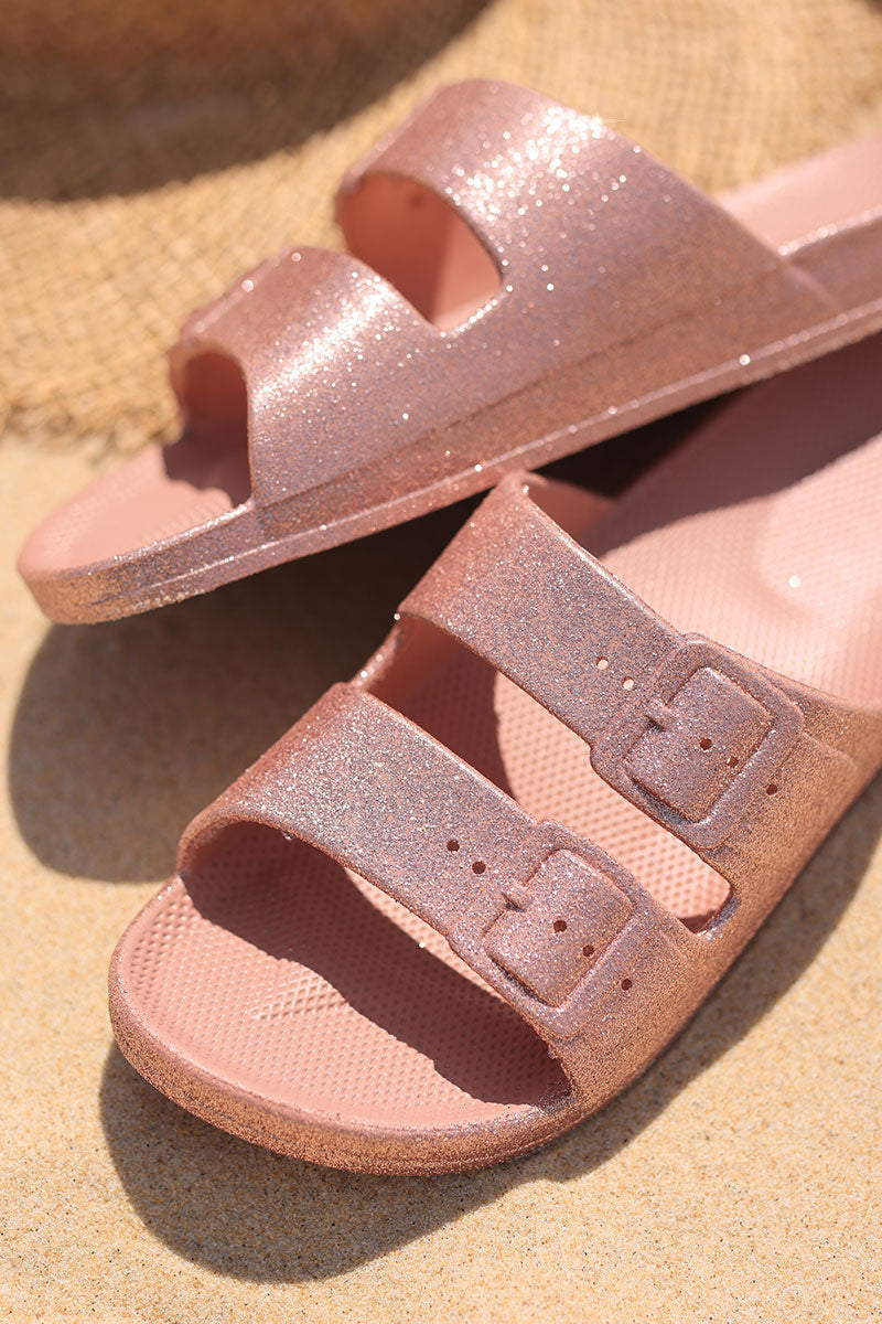 Pink glitter rubber sandals with double straps