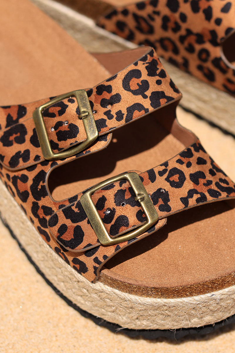 Camel leopard print with double buckles and rope flatform