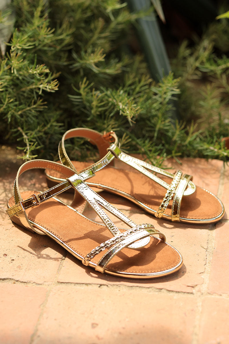 Gold sandals with metallic woven straps