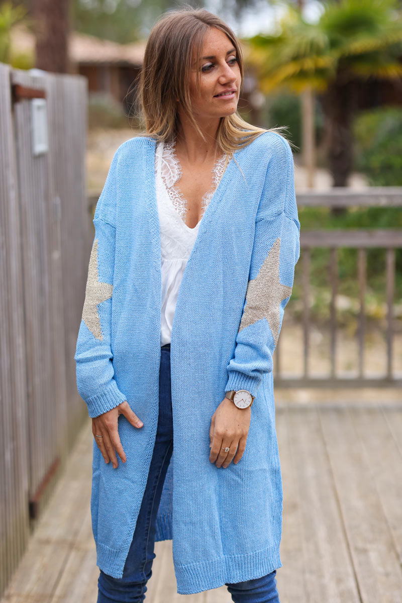 Sky blue cotton knit midi cardigan with gold elbow back stars
