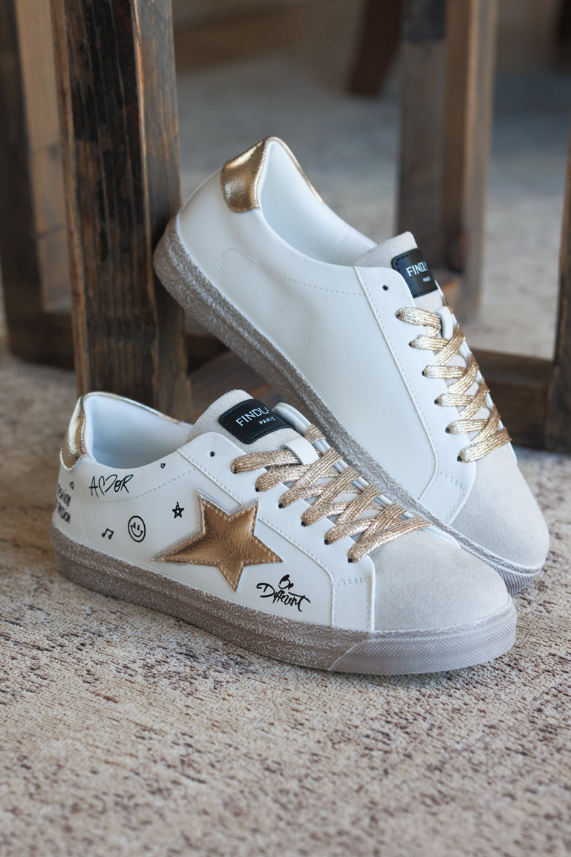 White Gold Star and Graffiti Sneakers with Gold Laces