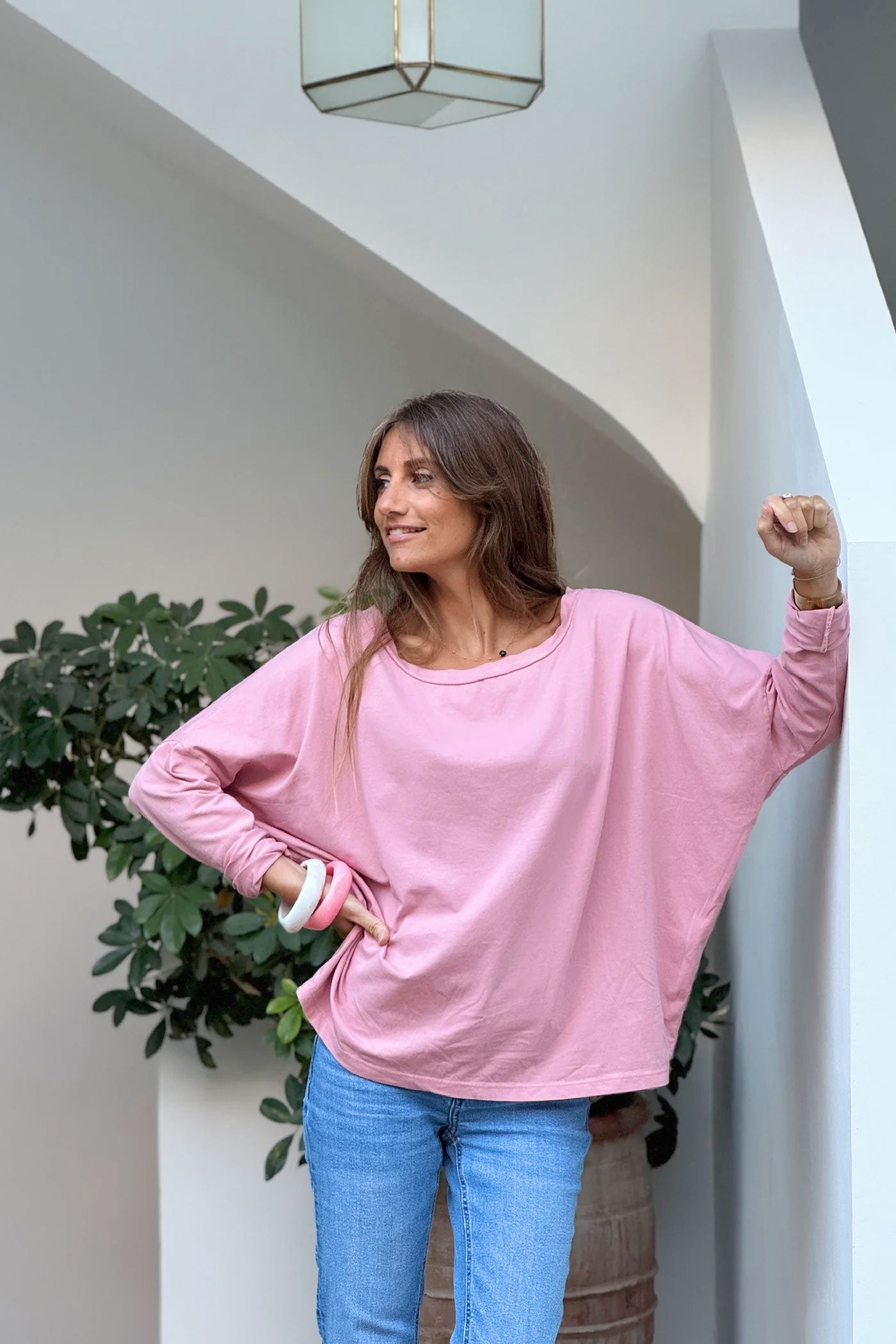 Baby Pink Boat Neck Long-Sleeve Jersey Tee