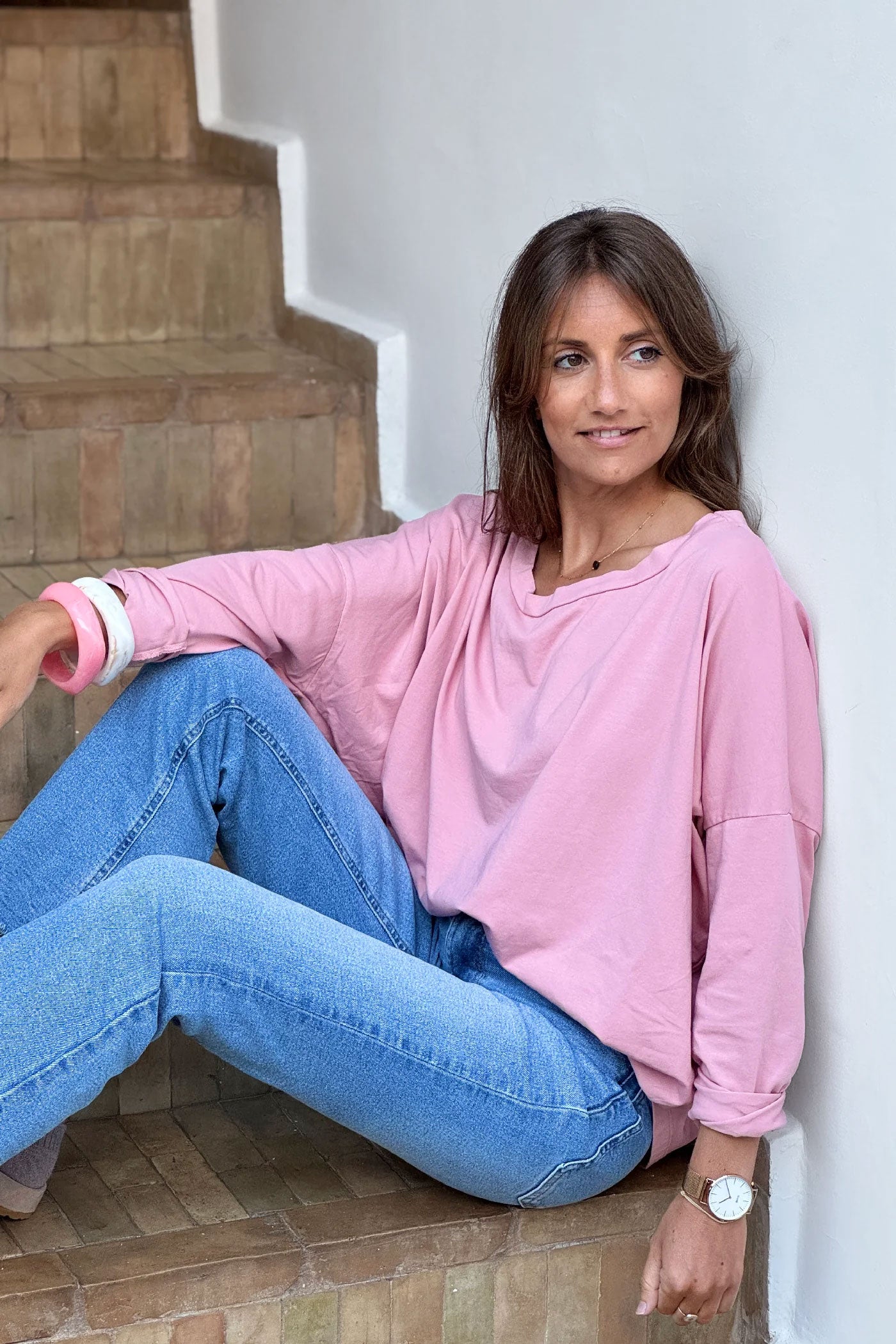 Baby Pink Boat Neck Long-Sleeve Jersey Tee