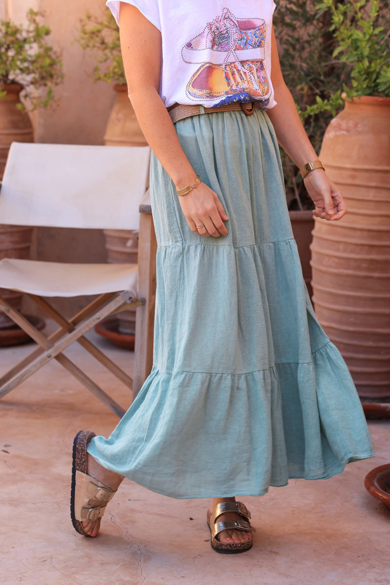 Water green brushed cotton maxi skirt with belt