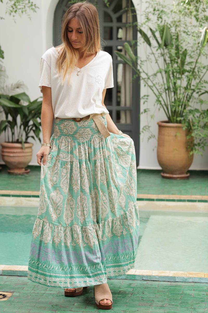 Water green oriental style floaty tiered skirt with wooden raphia belt