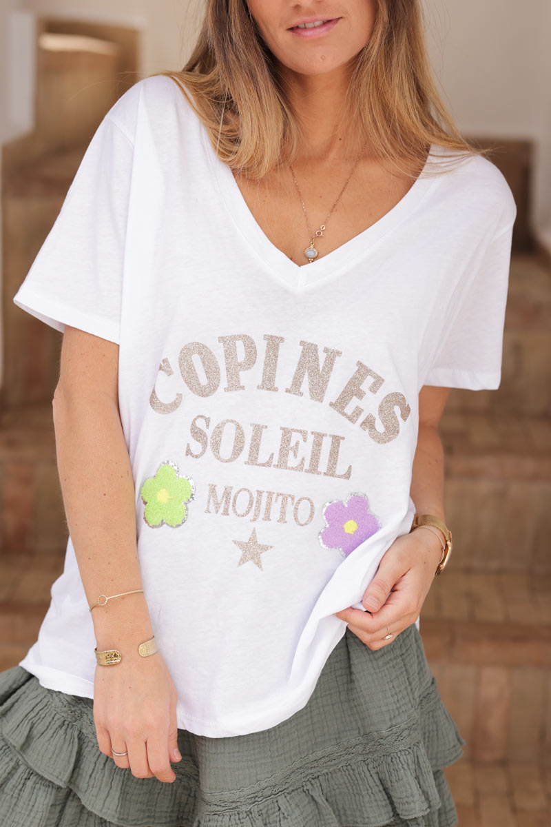T-shirt blanc en coton Copines Soleil Mojito paillettes et fleurs colorées
