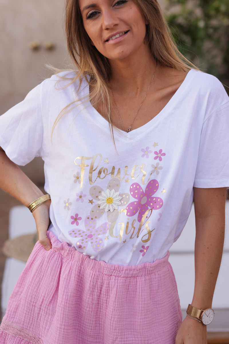 White T-shirt 'Flower girl' in gold and colourful floral pattern