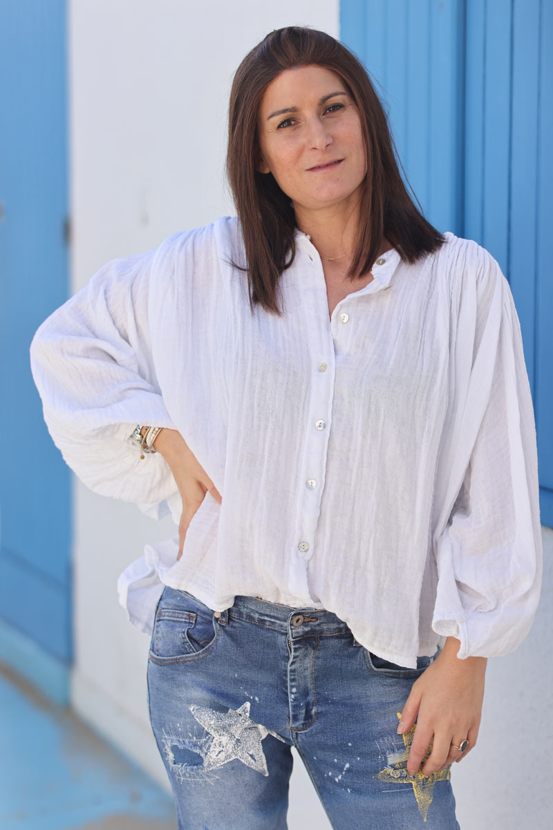 White textured cotton oversized batwing blouse